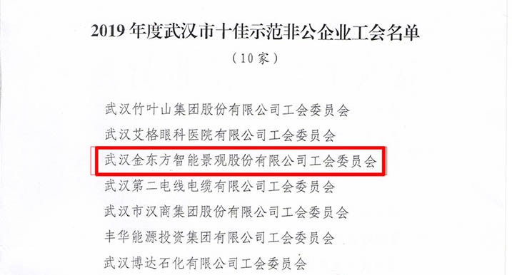 金東方榮獲“武漢市十佳示范非公企業工會”殊榮